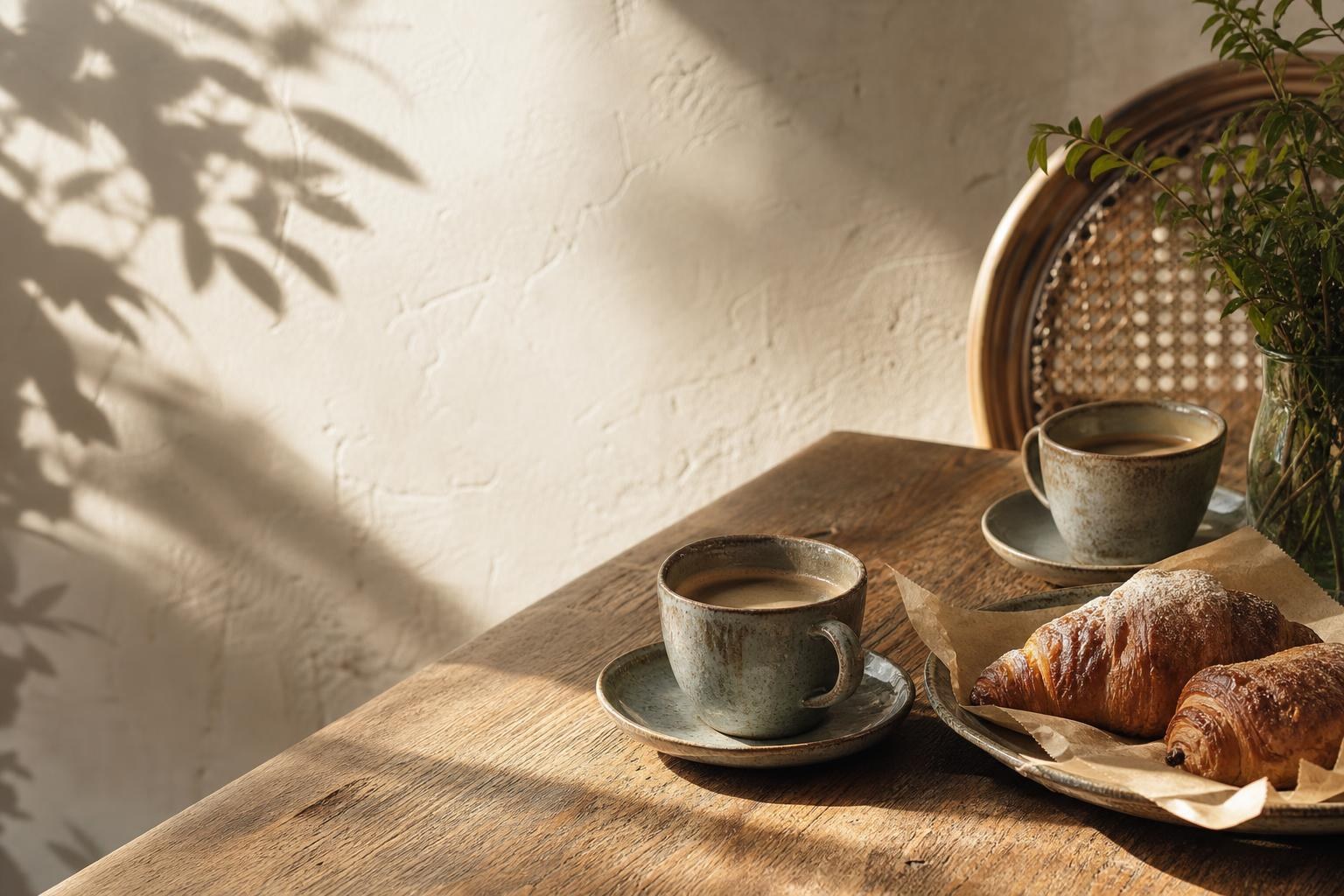 Cozy coffee cups on a wooden table inside the cafe