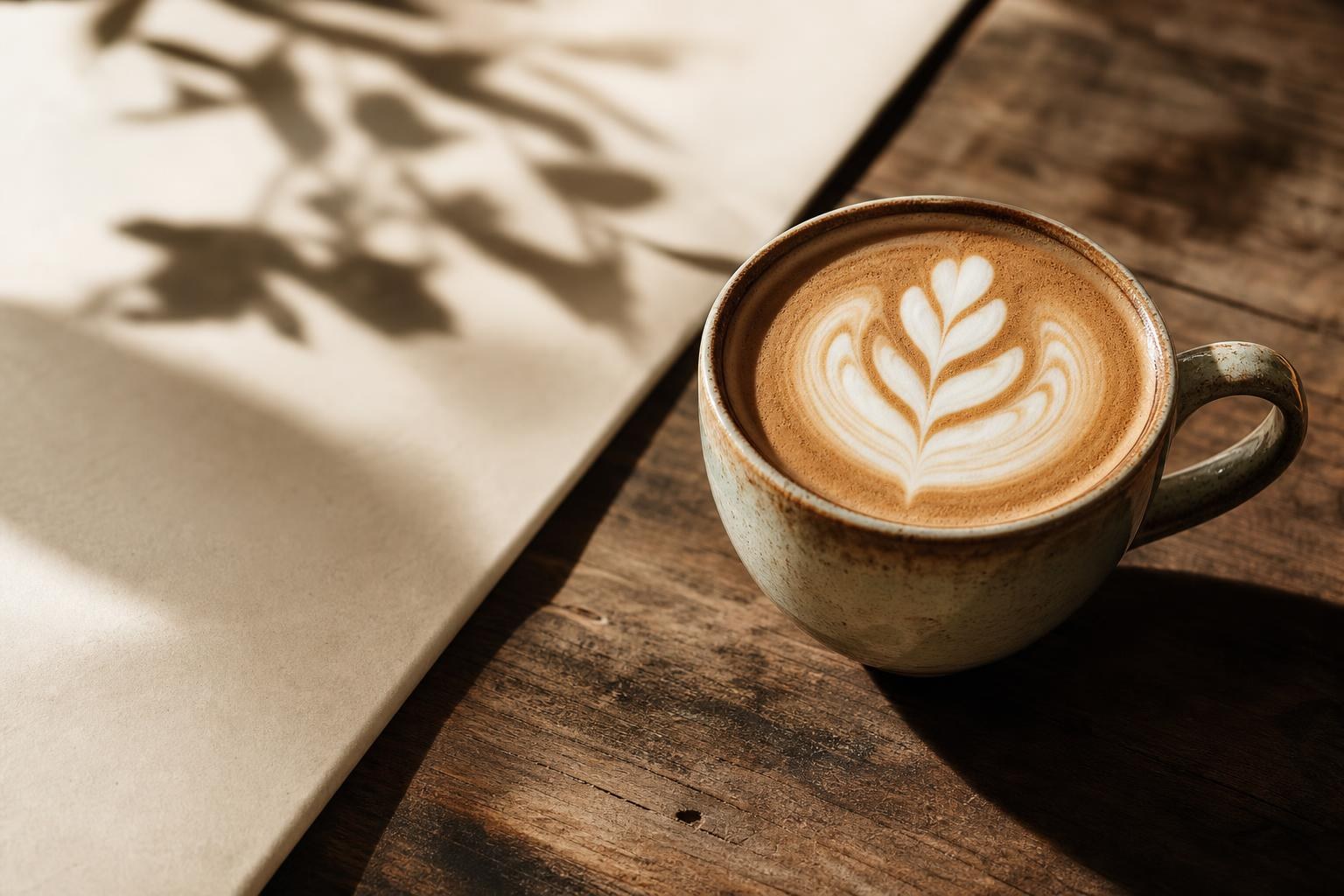 Perfect espresso latte art in a glazed ceramic cup with soft morning window shadows